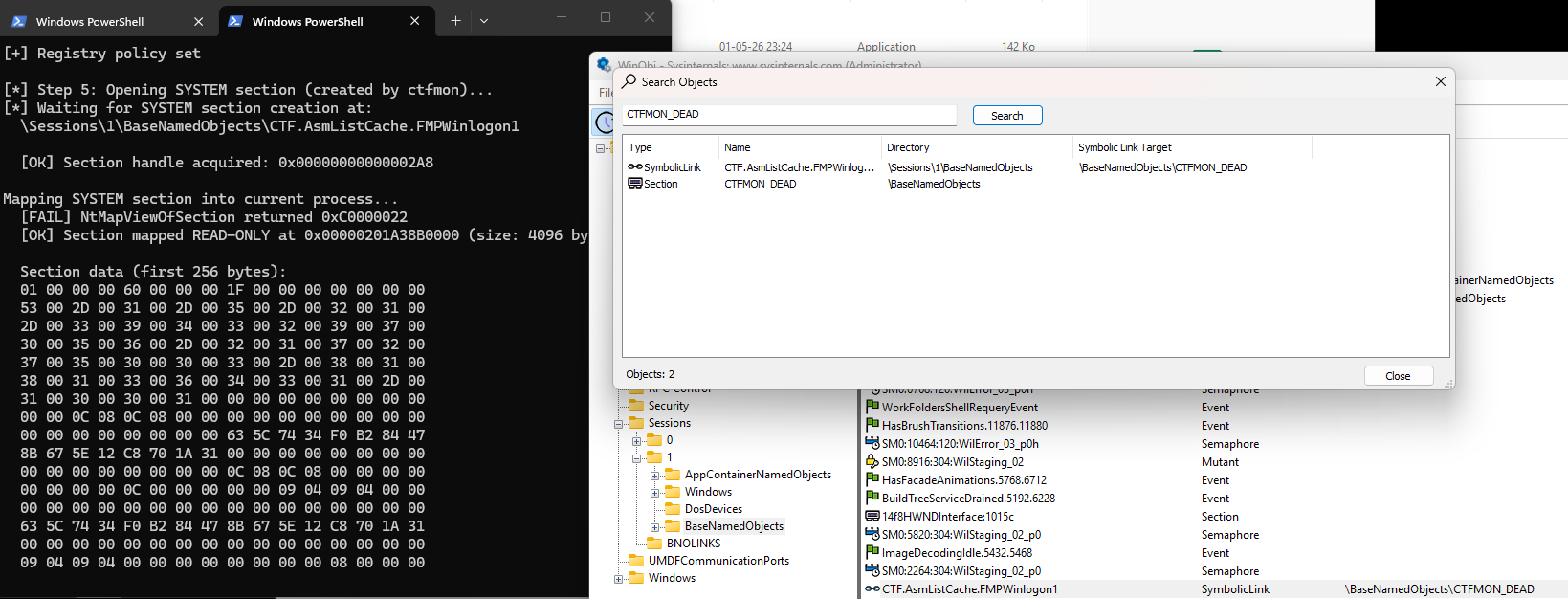 Console output: section handle acquired + WinObj showing CTF.AsmListCache.FMPWinlogon1 symlink pointing to CTFMON_DEAD